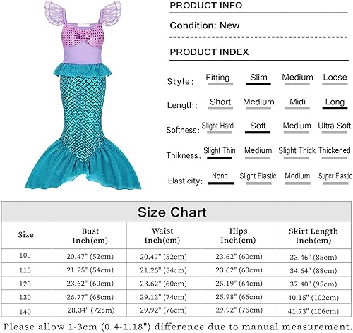 Miniatura 4 de HenzWorld Disfraz de sirena de princesa para niñas, disfraz de fiesta de cumpleaños, juego de simulación, disfraz de Navidad, peluca, joyas