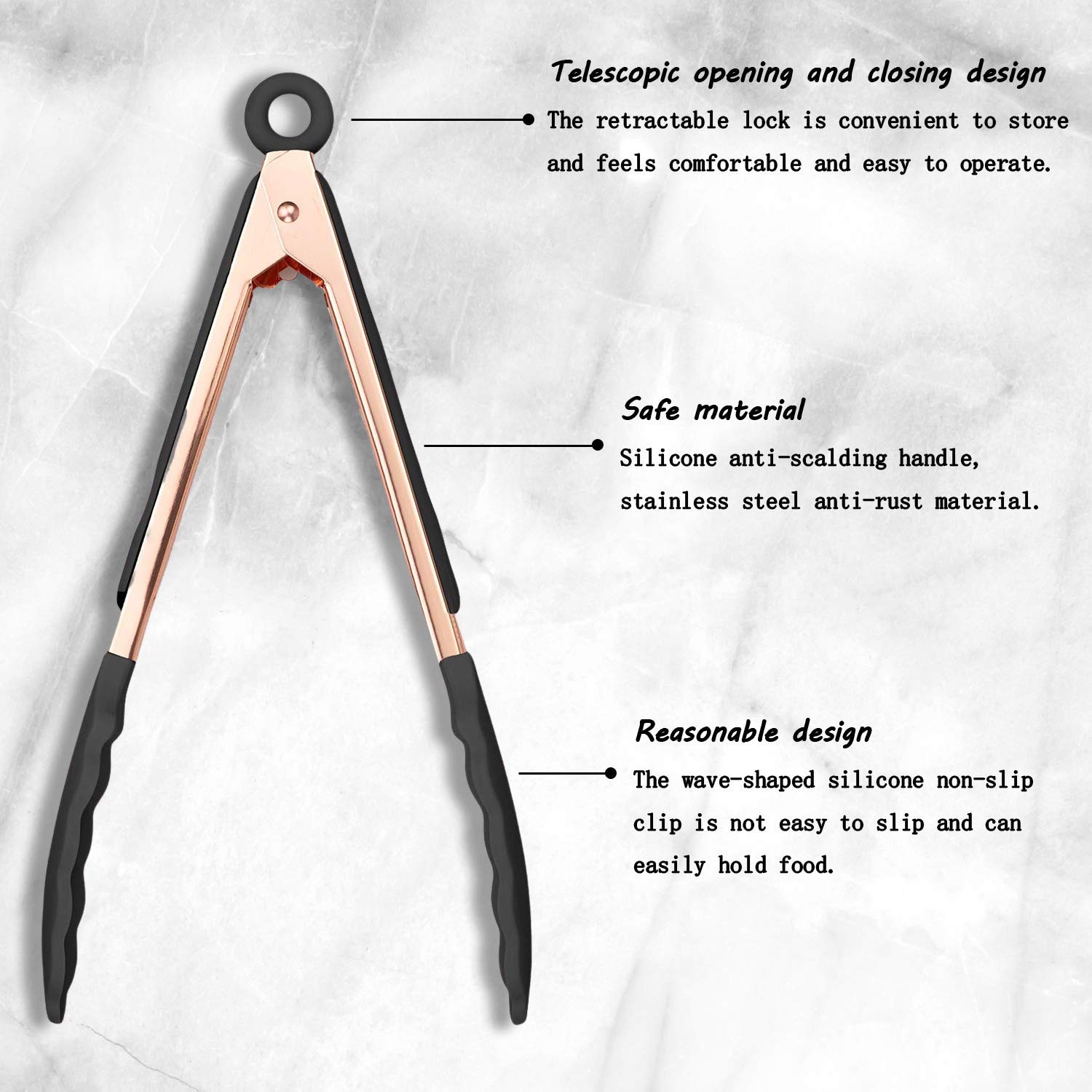 Cooking Tongs-Rose Gold Tongs Copper Stainless Steel Silicone Tipped Kitchen Food BBQ and Cooking Tongs 30CM for Non Stick Cookware, BPA Fee, Locking, Grill Tongs(Black)