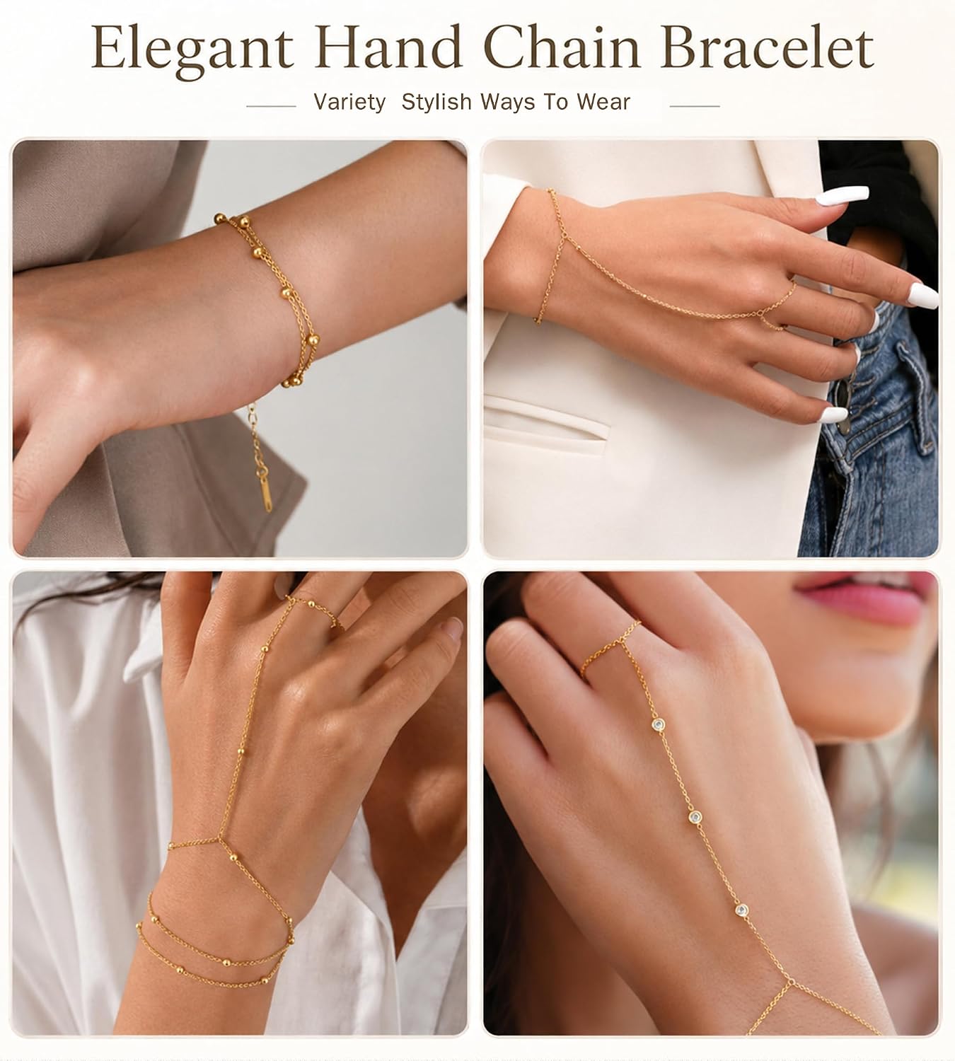 4PCS 14K Gold Plated Hand Chain Bracelet for Women, Dainty Stackable Ring Bracelet Set with Cubic Zirconia, Adjustable Hand Jewelry for Beach, Summer Vacation, Elegant Gift for Women