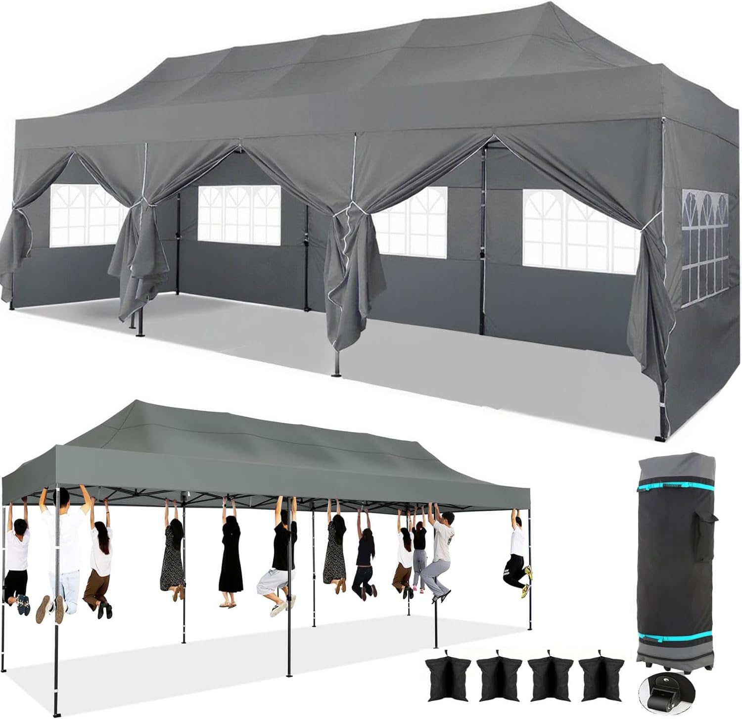 cobizi pop up canopy tent 10x30 heavy duty gazebo with 8 sidewalls, upf 50+ all weather waterproof commercial outdoor wedding party tents canopy with roller bag,gray gray 10x30
