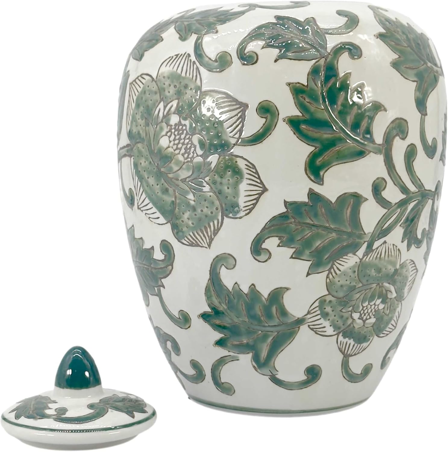 Galt International 11" White & Green Floral Ceramic Porcelain Ginger Jar Floral Home Décor Jar Urn Shape Vase