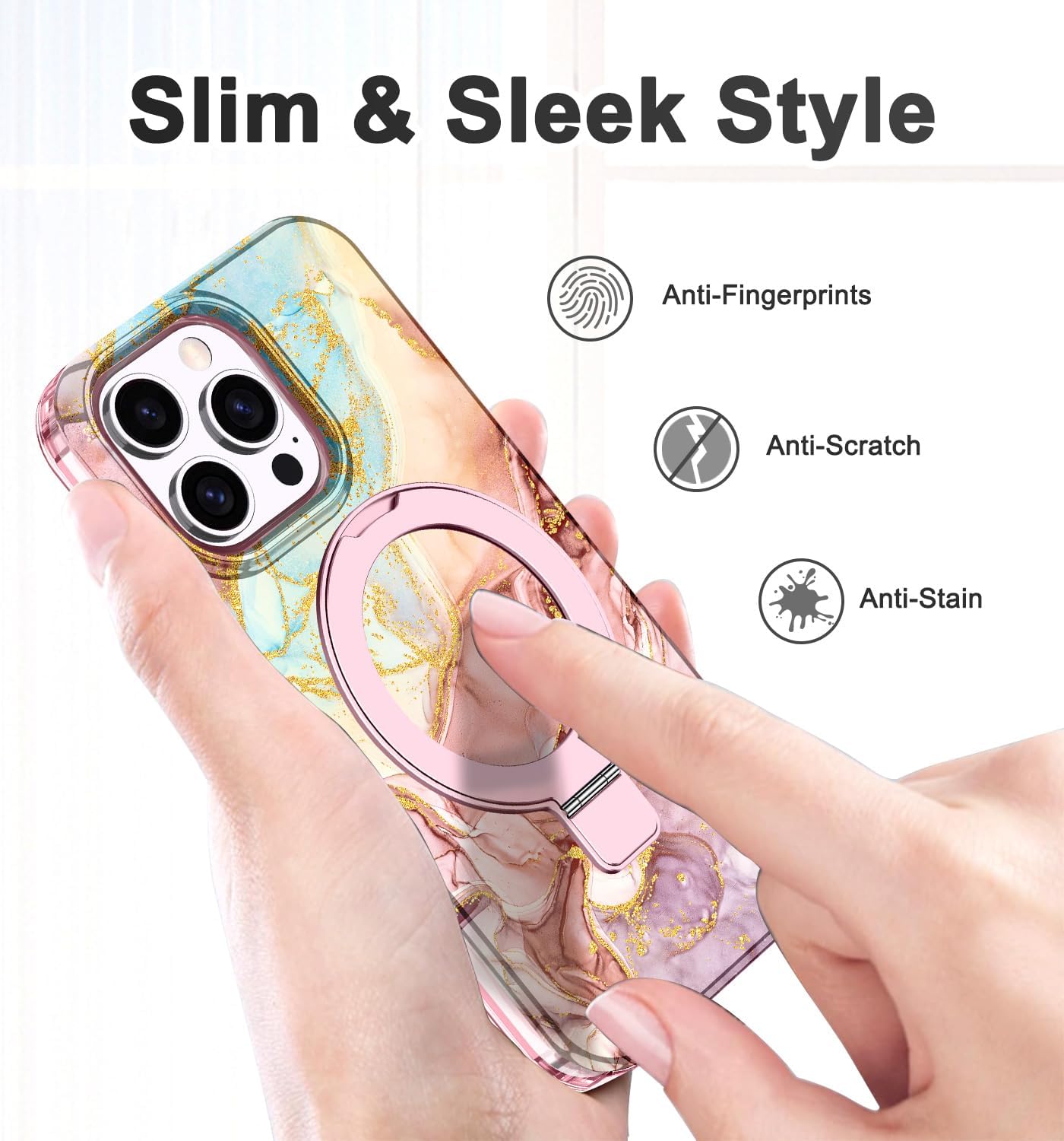 Lamcase for iPhone 14 Pro Max Case with Magnetic Invisible Ring Stand [Compatible with MagSafe], Full Body Rugged Slim Women Men Girl Shockproof Marble Pattern Design Case, Rose Gold