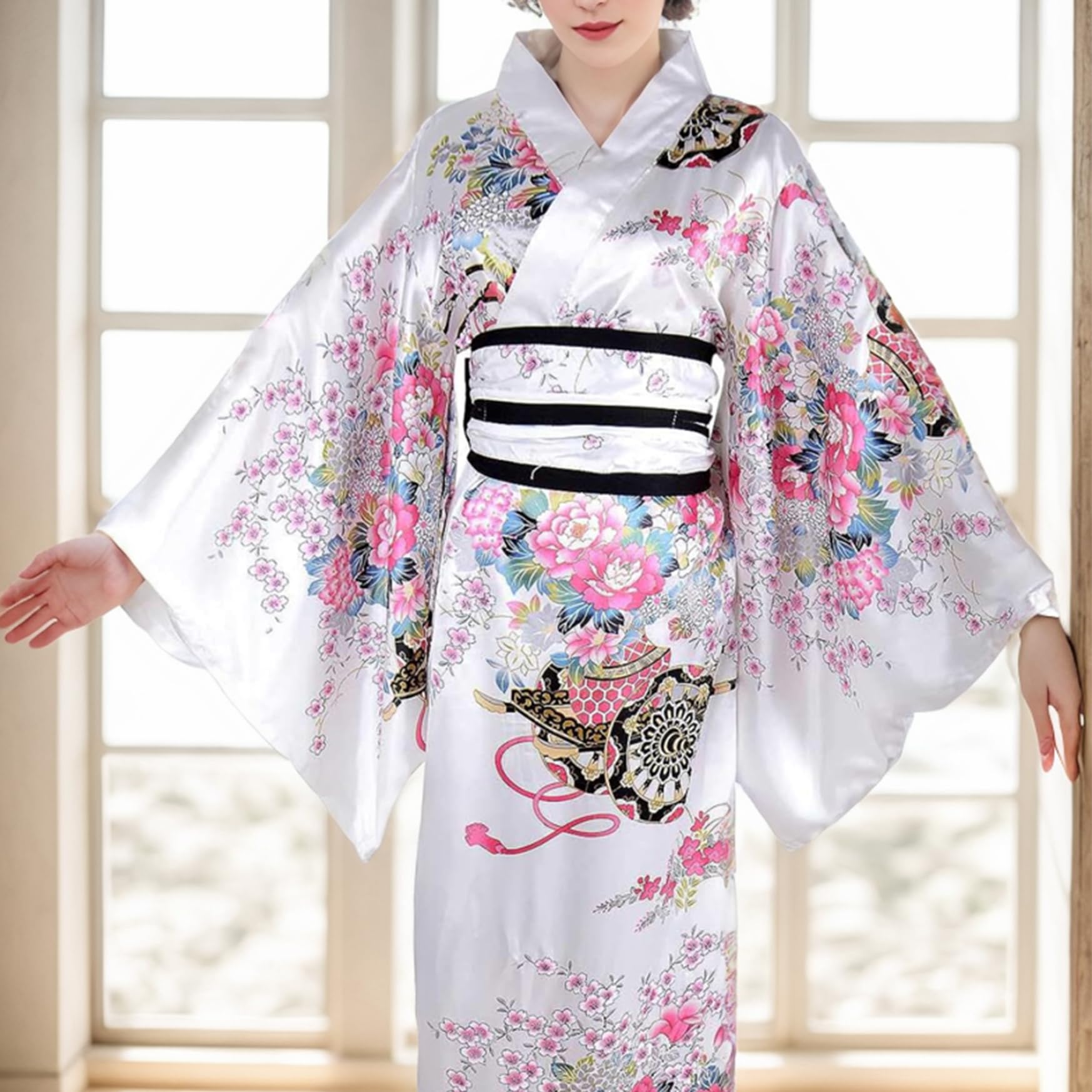 Yukata para Mujer, Kimono japonés con Estampado Floral, Sedoso, cómodo y Agradable para la Piel, con cinturón, Estilo Tradicional de Kioto, Ideal para Fiestas, Cosplay y Accesorios (Blanco).