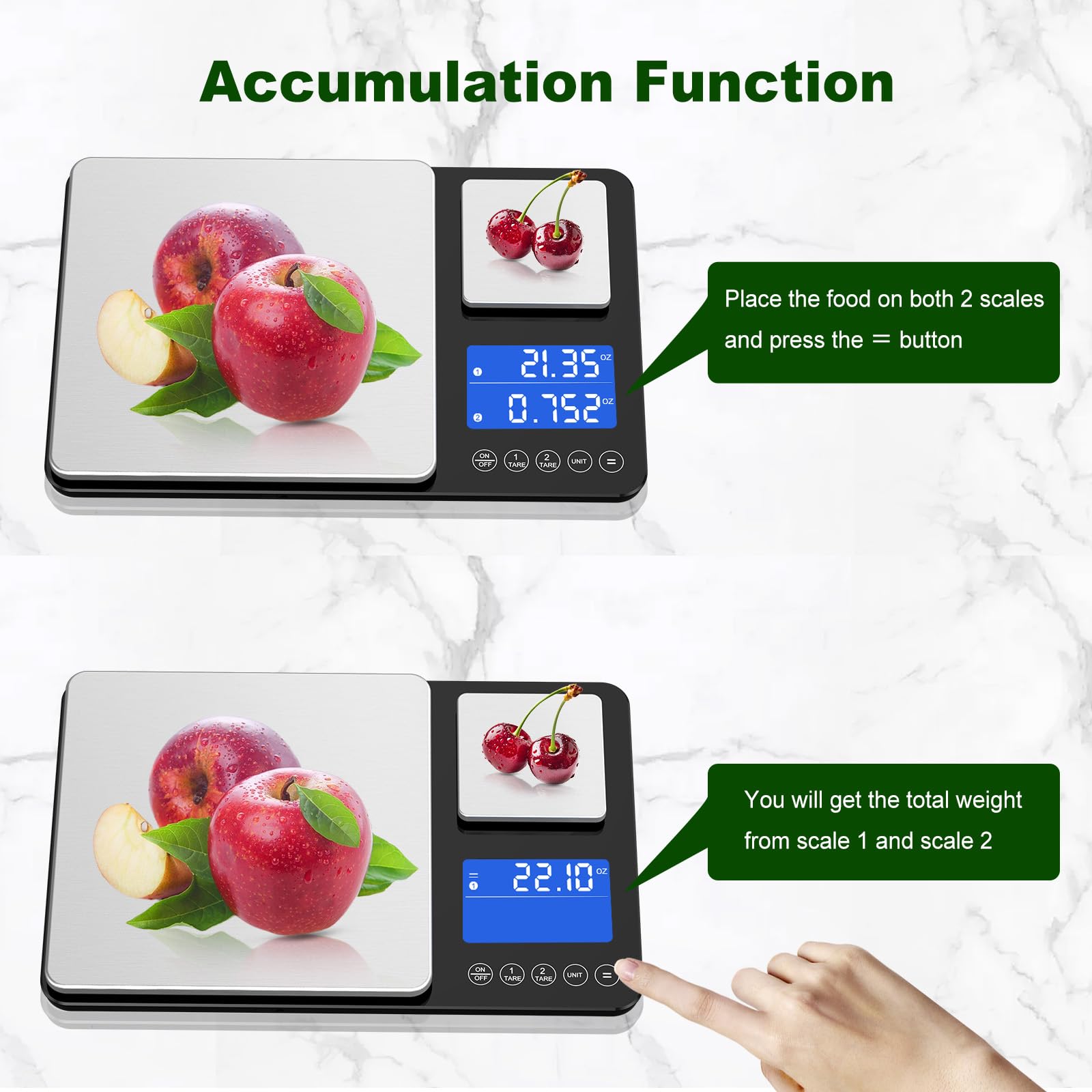 BRICH Balance de cuisine numérique avec double plate-forme – 500 g/0,01 g et 15 kg/1 g de précision, fonction de somme, 7 unités, acier inoxydable et verre, éclairage LCD – Idéal comme échelle