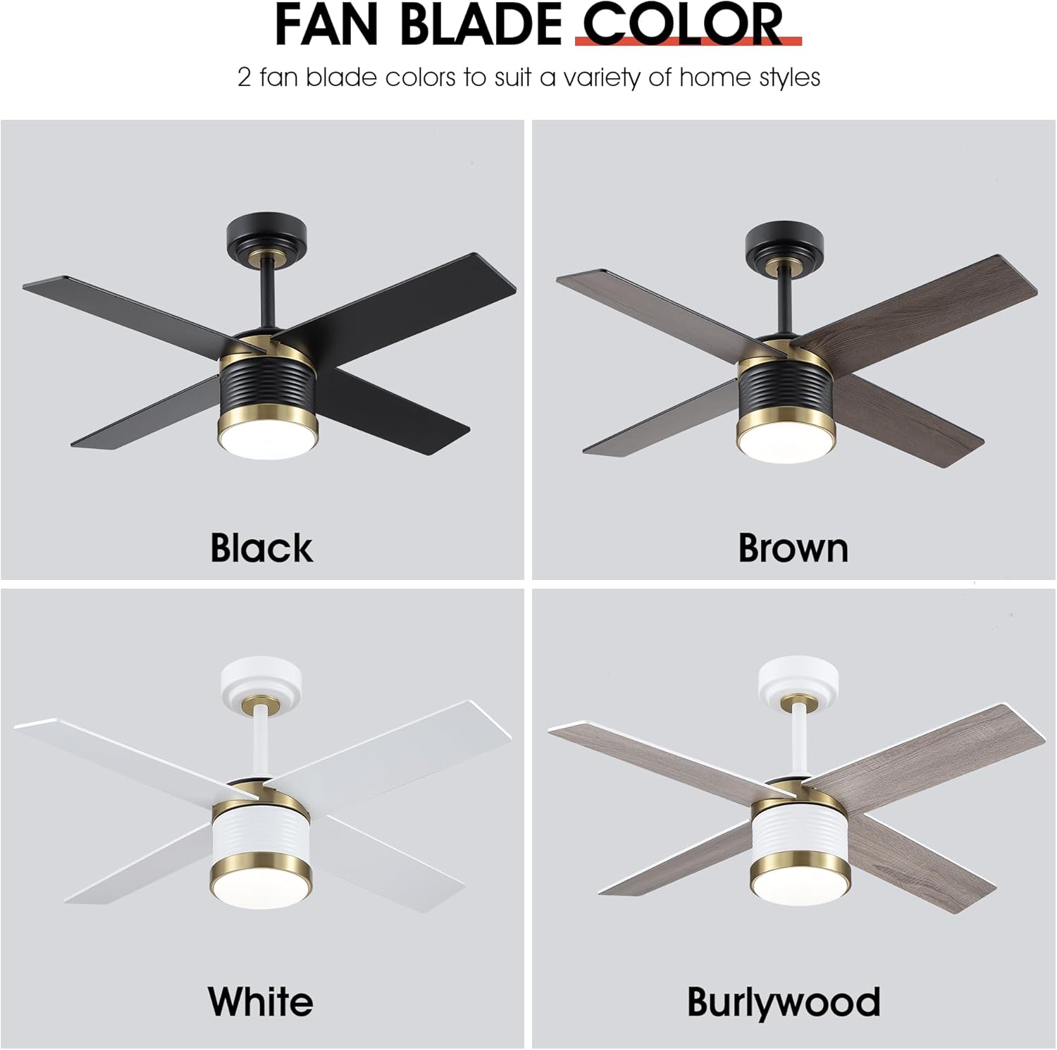 Image showing two different fan blade colors: white and a wood grain finish, highlighting the reversible design.