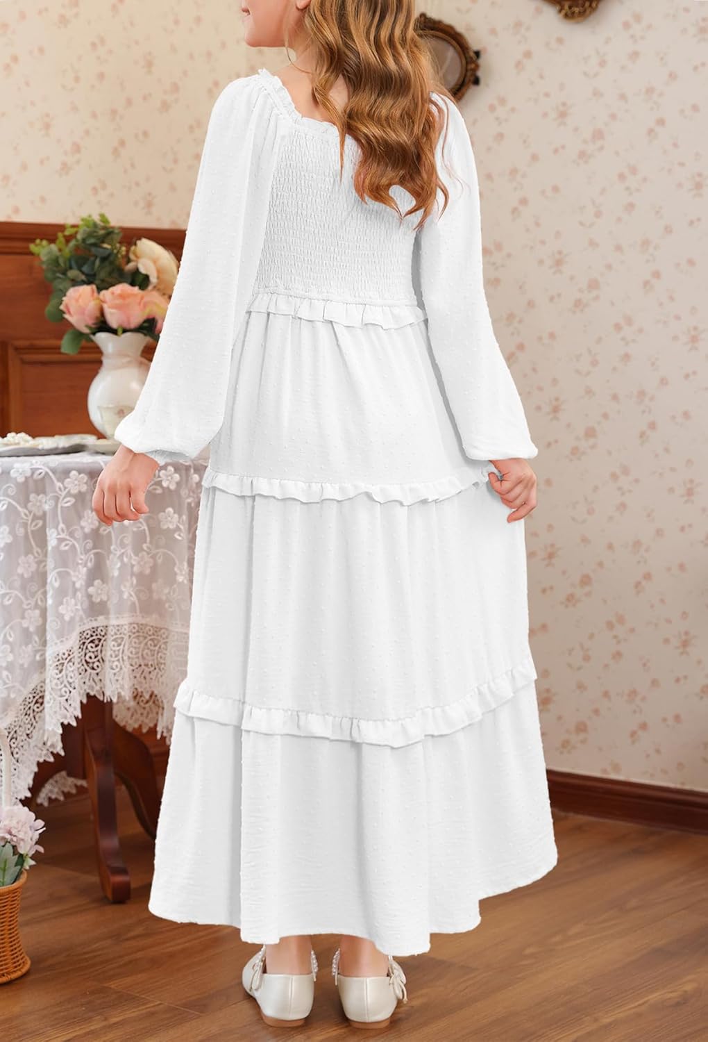 HOSIKA Girls Fall Long Sleeve Swiss Dot Smocked A-Line Ruffle Tiered Flowy Maxi Dress with Pockets 6-12 Years