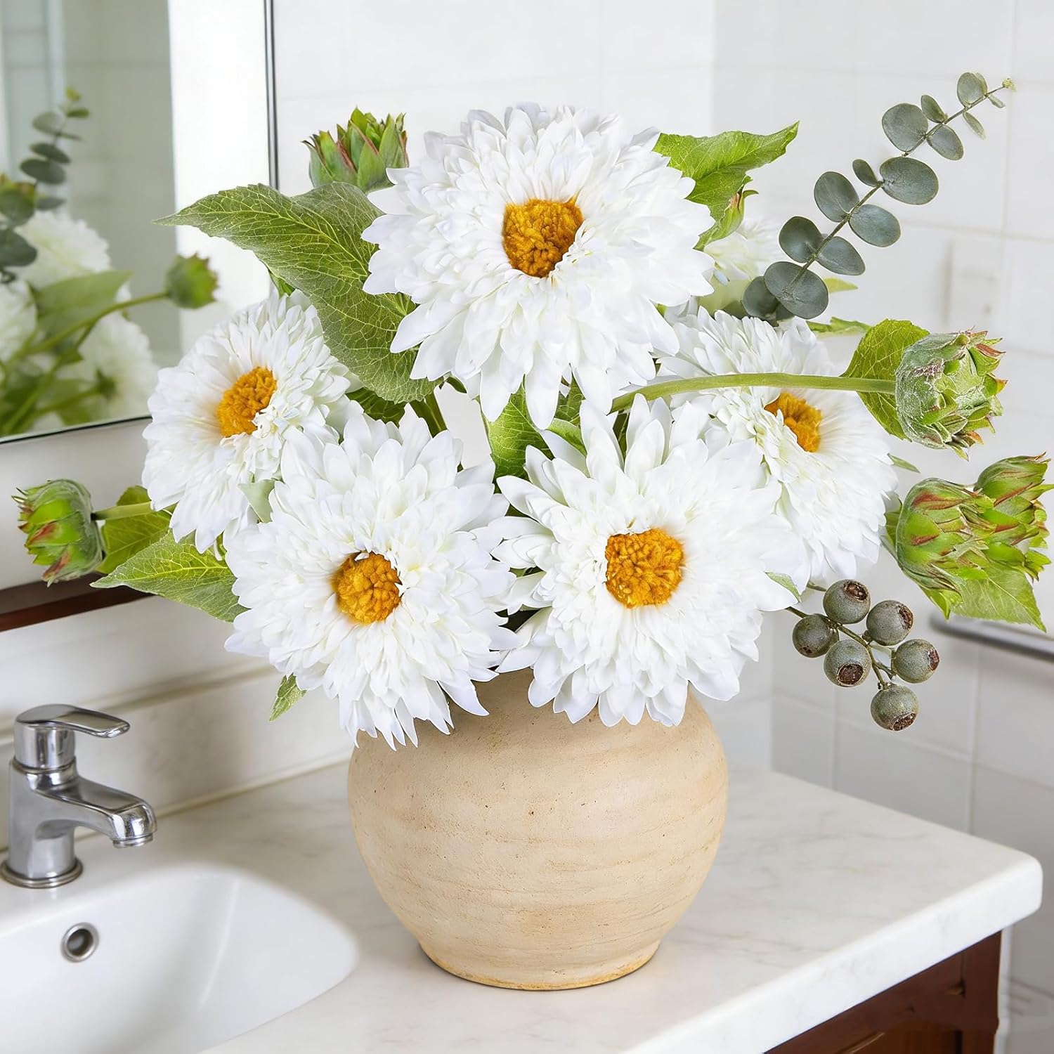 Kimura's Cabin 5Pcs White Sunflowers Artificial Flowers with Long Stems Fake Large Sunflowers Silk Faux Bouquet for Wedding Floral Arrangements Home Garden Birthday Party Indoor Decor(White) - Image 7