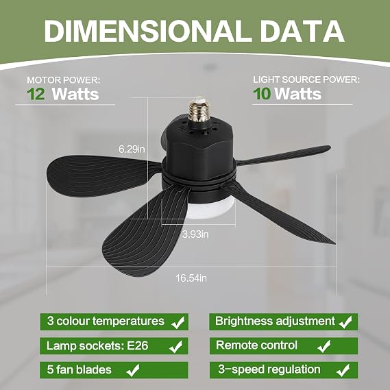 Socket Fan Light with Remote Control,Portable Small Ceiling Fan with Lights for Bedroom,Kitchen,Living Room,with Dimming Function,1000 Lumens,Screws into E26/E27,16.54 Inches-(Black)