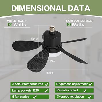 Socket Fan Light with Remote Control,Portable Small Ceiling Fan with Lights for Bedroom,Kitchen,Living Room,with Dimming Function,1000 Lumens,Screws into E26/E27,16.54 Inches-(Black)