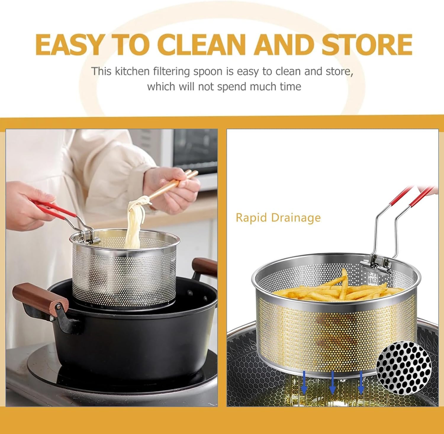 Cesta para Freír de Acero Inoxidable 20 cm,Cesta para freír para patatas fritas,Cestillo para Freír con Mango Plegable y Enganches para la Sartén,Cesta Freidora Redonda,Escurridor