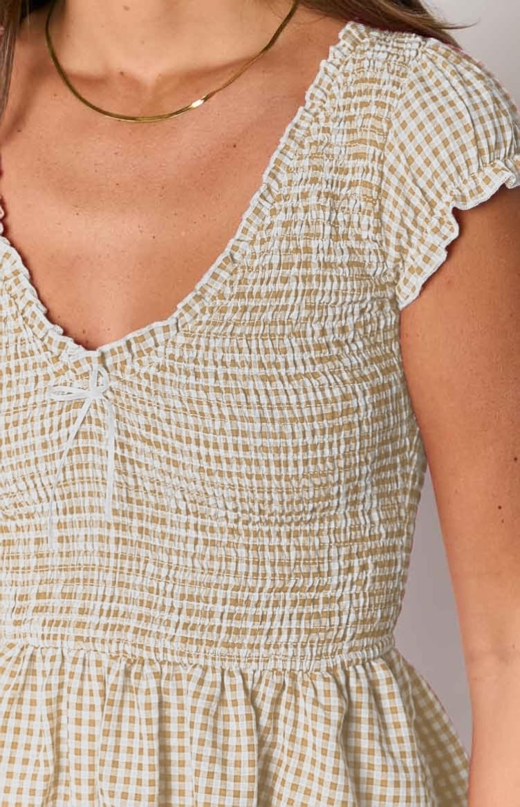 Womens Summer Gingham Rompers V Neck Puff Sleeve Smocked Wide Leg Plaid Shorts Dressy Jumpsuits - Image 3