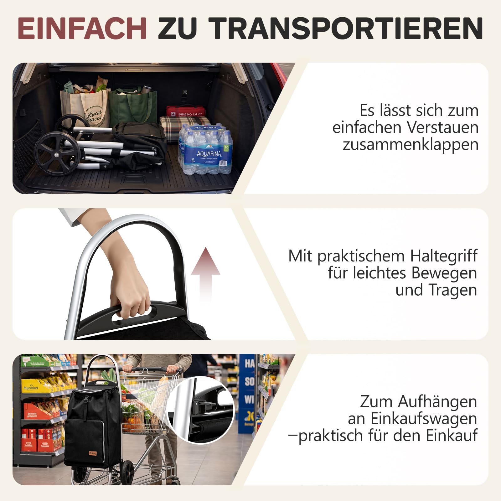 Sekey Einkaufstrolley klappbar, 50L Einkaufstasche mit Kühlfach, Aluminiumrahmen, Faltbarer Einkaufswagen, Shopping Trolley für Einkauf und Alltag, Schwarz