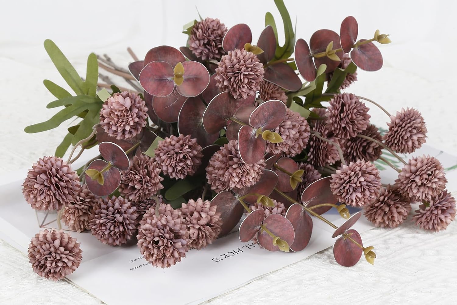 Faux Silk Pompom Mum Artificial Flowers,8 Stems Purple Fake Kiku Flower with 3 Branches Real Touch Eucalyptus Stems for Wedding Bouquet Home Party Floral Arrangements(Purple)