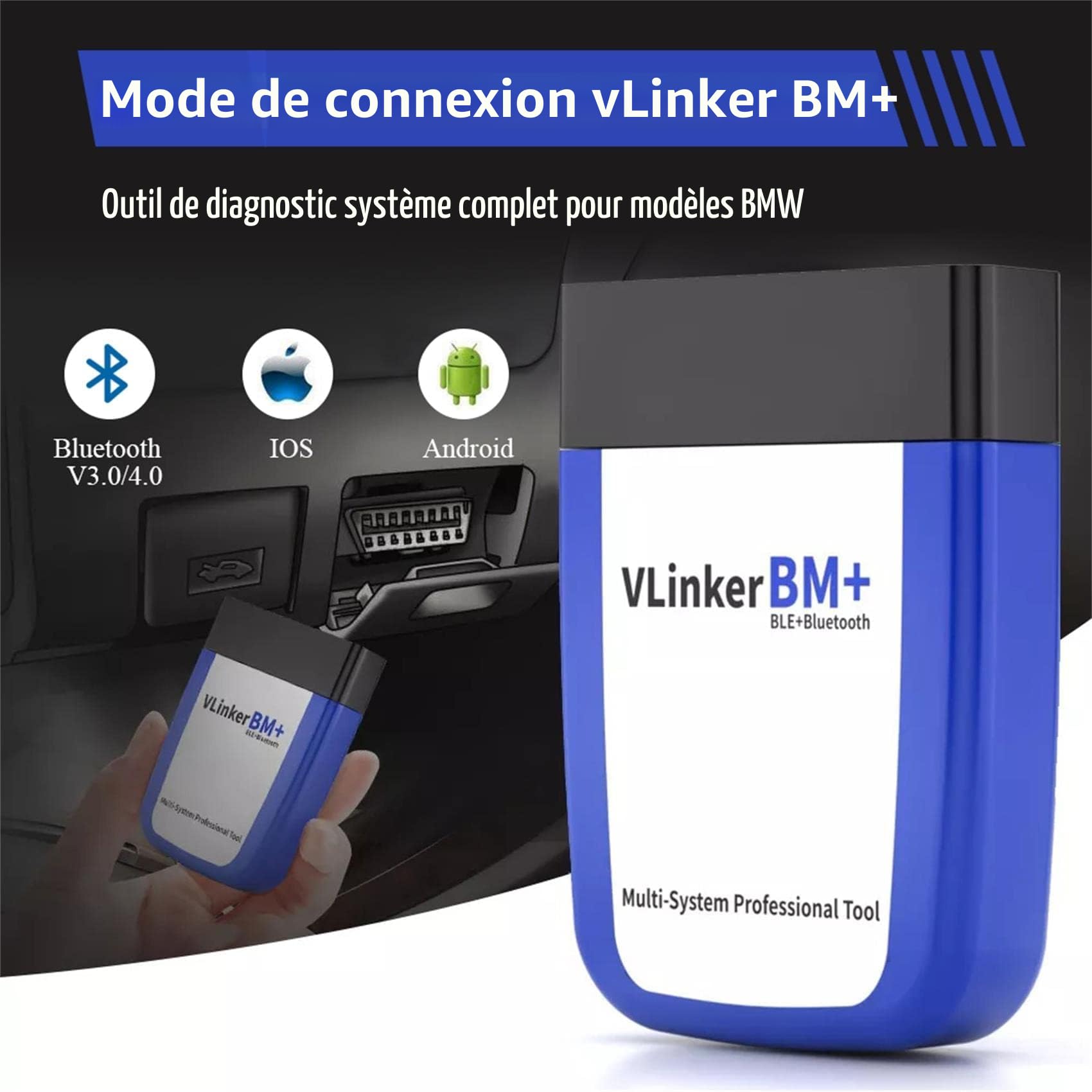 vLinker BM+ OBD2 Outil d’Analyse de Diagnostic Bluetooth, OBDII Outil d’Analyse pour iOS, Android, and Windows - Conçu pour BimmerCode