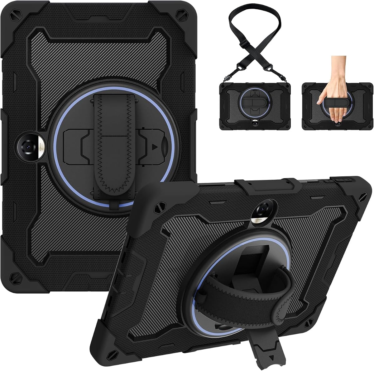 Rugged Case for Huawei Honor Pad 9 2023 12.1inch, Shockproof Heavy Duty Protective Cover with 360° Rotating Kickstand, Adjustable Hand Strap & Shoulder Strap (Black)
