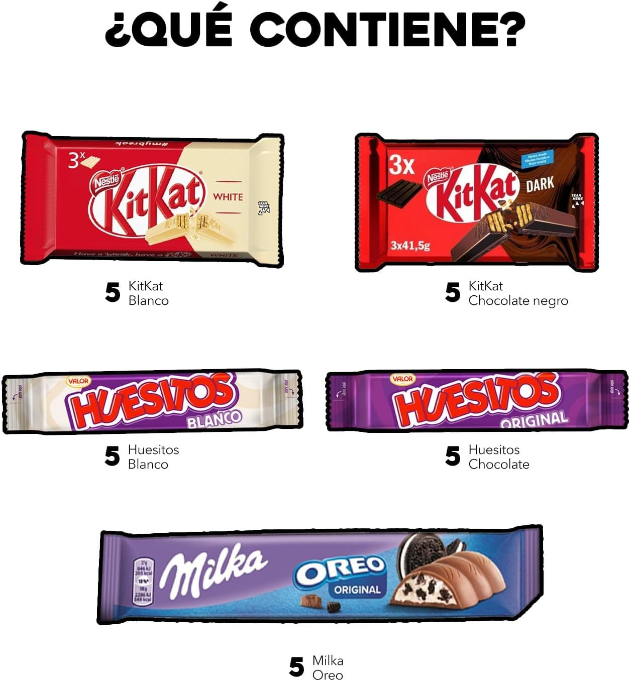 Lote Regalo Original Chocolatinas - Pack Surtido Chocolate Variado IAMI - KitKat Choco KitKat Blanco - Huesitos Choco - Huesitos Blanco - Milka Oreo - Regalo Dulce - Primeras marcas