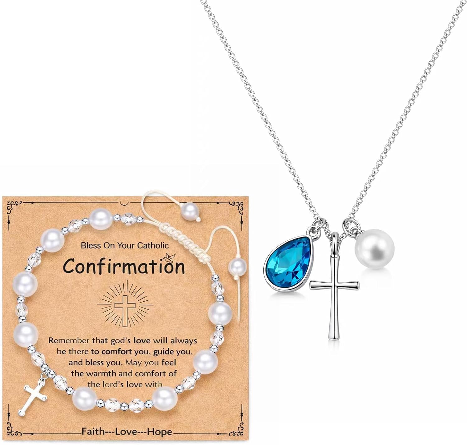 First Communion Gifts for Girls Baptism Gifts Catholic Confirmation Cross Necklace & Pearl Bracelet with Card Holy Religious