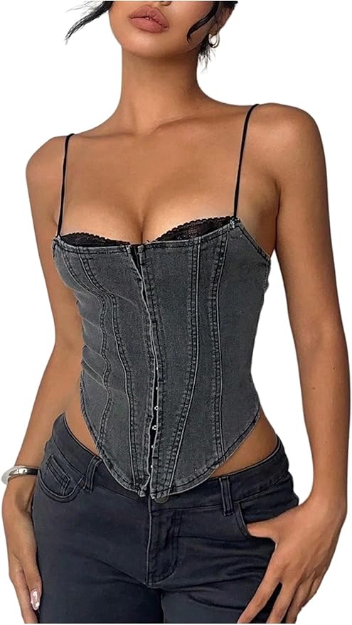 MakeMeChic Women's Y2K Denim Corset Spaghetti Strap Crop Top