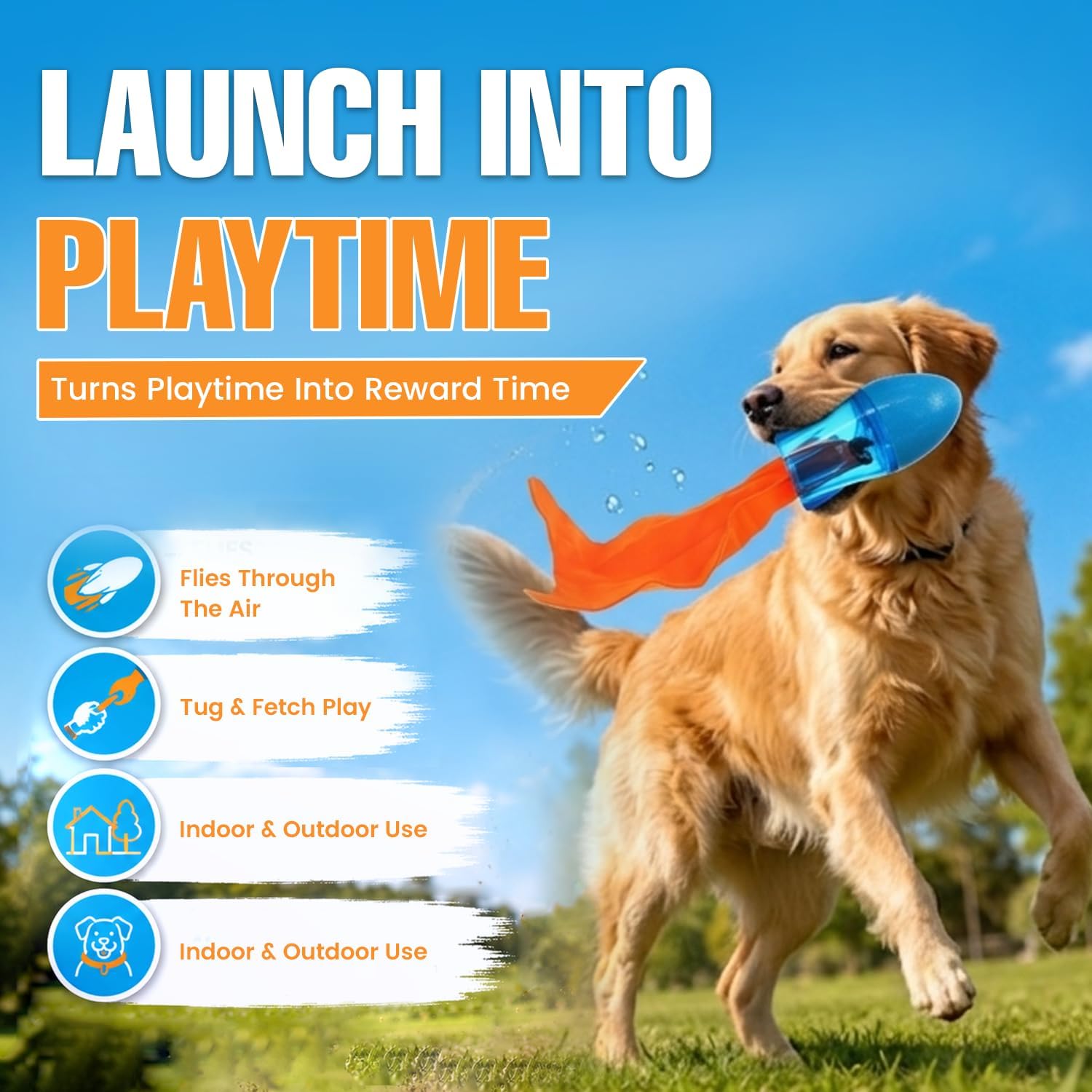 GURU Pet: Bonanza Rocket - Medium - Dog Toy, Blue & Orange, Hides & Dispenses Treats, Durable, Squeaks-Crinkles-Floats, Interactive Tug-Toss-Retrieval