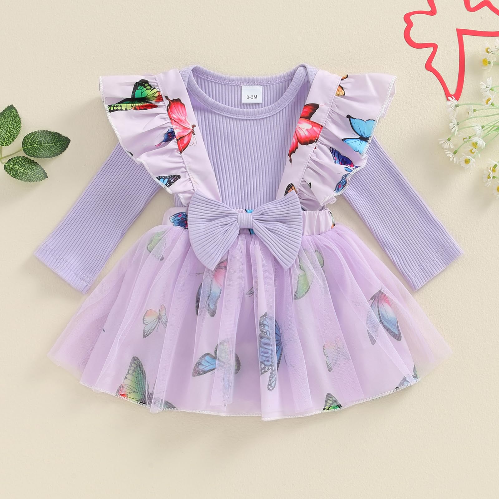Gaono Newborn Fall Clothes Baby Girl Suspender Skirt Outfit Long Sleeve Solid Ribbed Romper Floral Bow Overall Dress Sets (Purple, 6-12 Months)