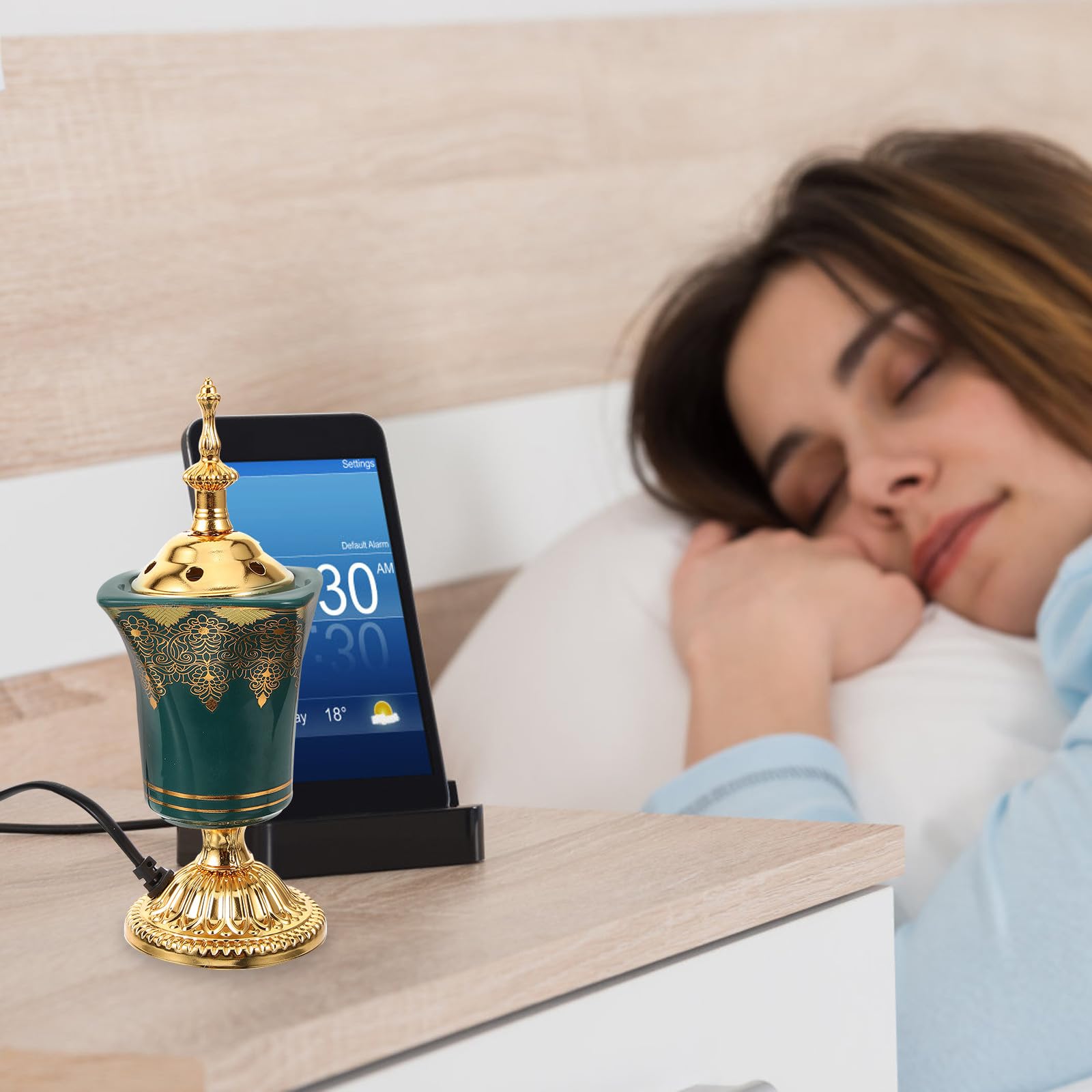 Quemador de Incienso Enchufable Verde de Cerámica y Metal