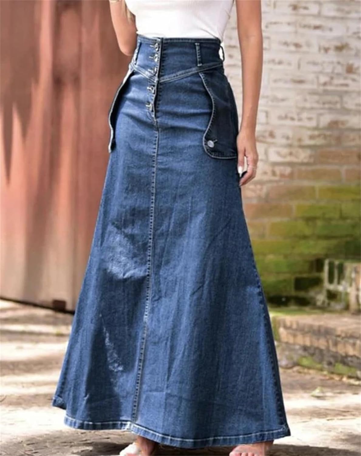 Women’s High-Waist A-Line Denim Skirt – Retro Splice Button Front Pockets Midi Flare Swing Ruffle Jean Skirt