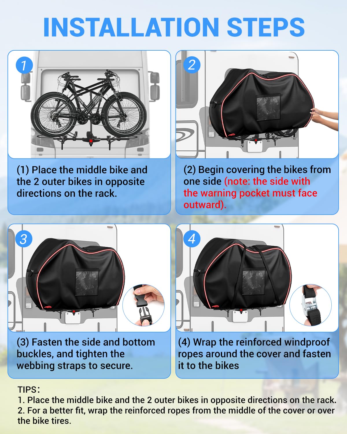SUPAREE Funda Bicicleta Exterior 3 Bicis Cubre Bicicletas Autocaravana Funda Bici Impermeable 420D Oxford Lluvia Resistente con Bolsillo para Señal de Advertencia pour Coche Viaje