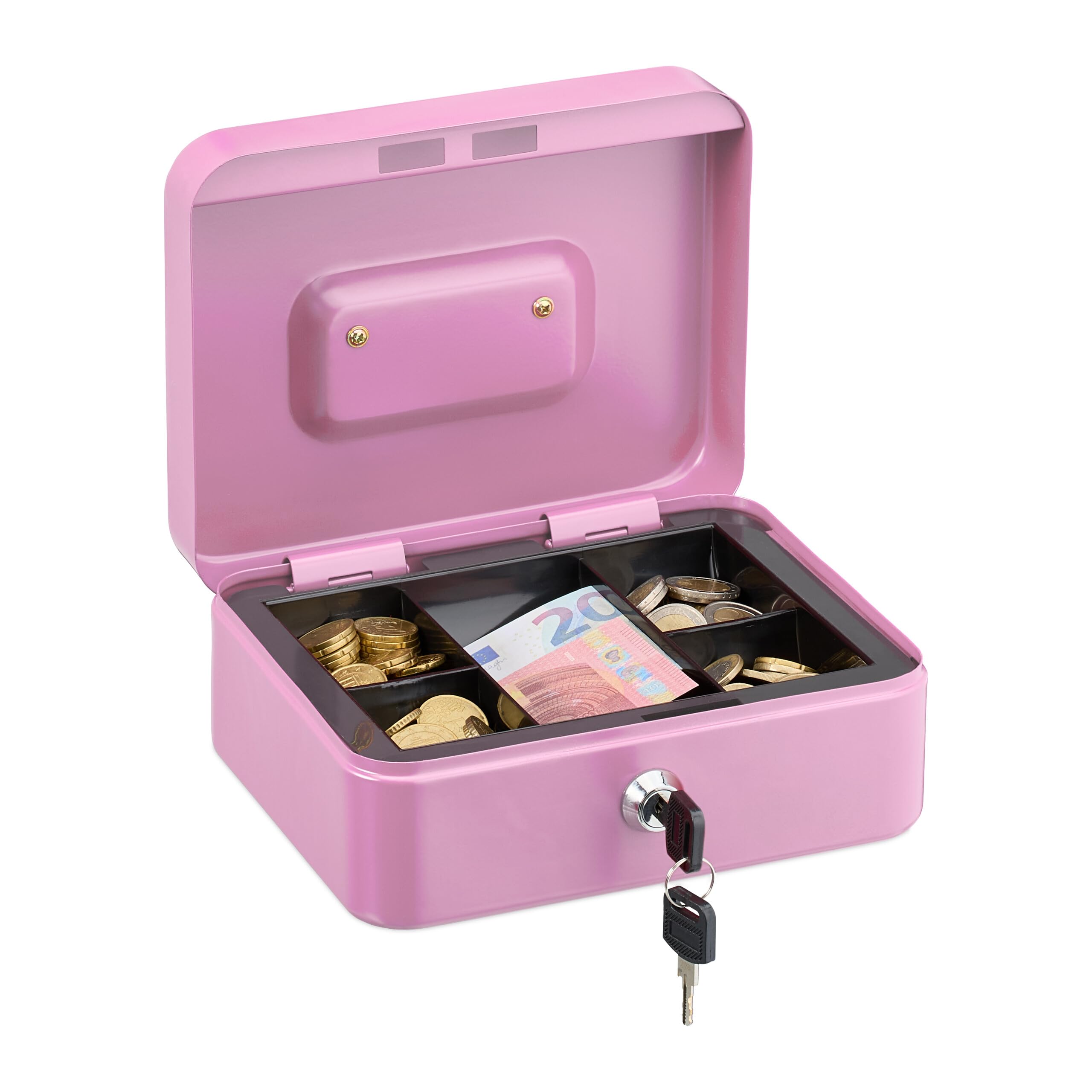 Relaxdays Cash box lockable, removable insert, 5 compartments, iron money box, HxWxD: 8.5 x 20 x 17 cm, pink