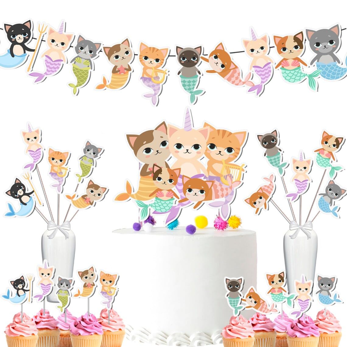 Mermaid Cat Party Decor Set - Whimsical Underwater Adventure Kit for Birthdays & Baby Showers, Includes Banners, Centerpieces, Cupcake Toppers