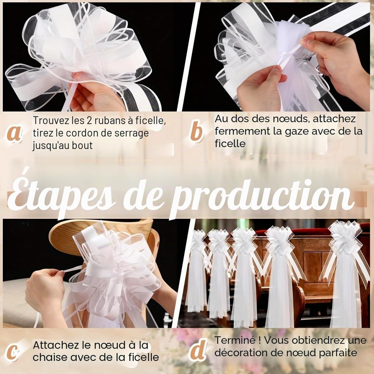 Lot de 12 nœuds de mariage avec queues en tulle - Blanc - Long nœud de chaise - Décoration de mariage - Pour fête de mariage
