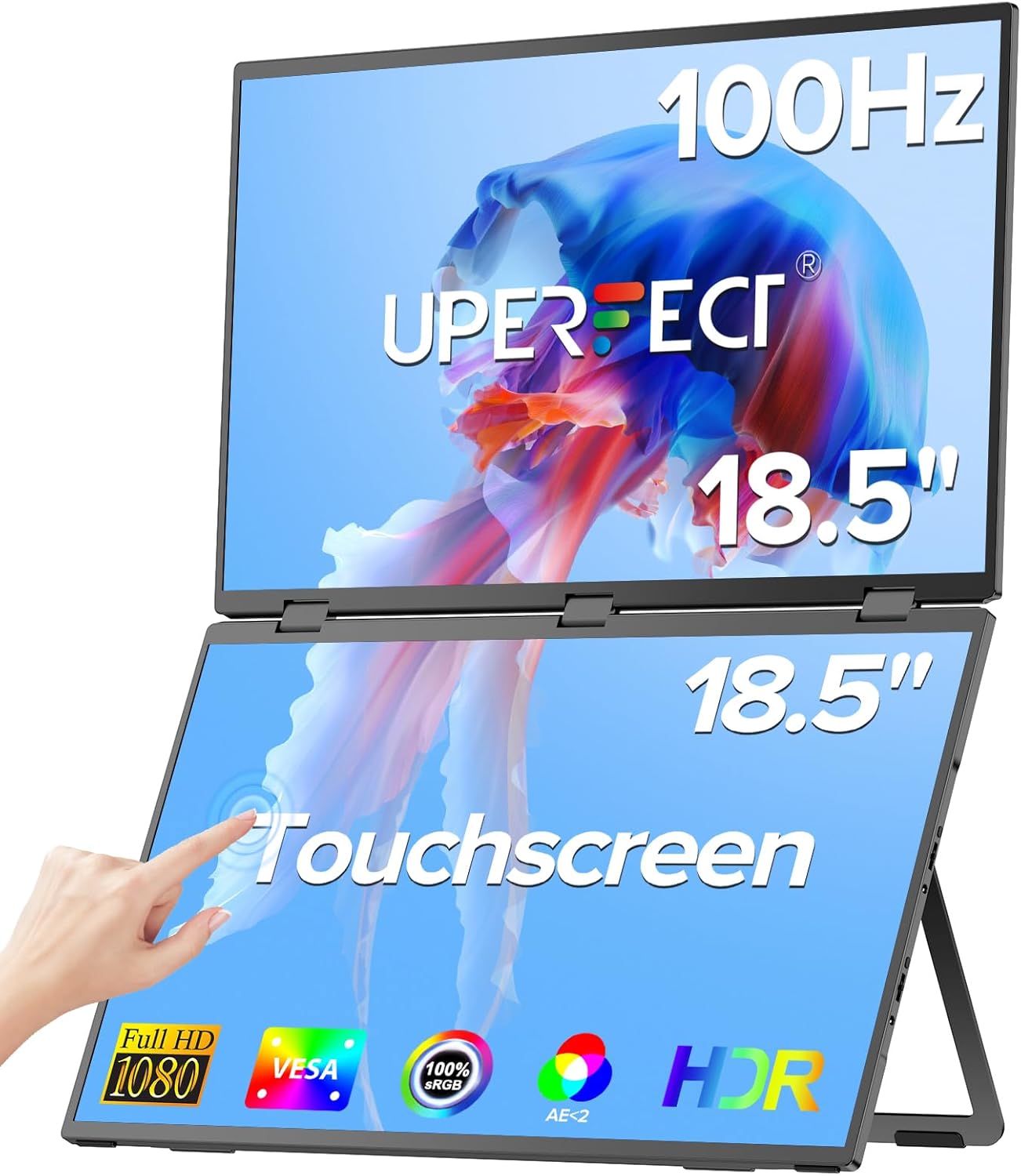 UPERFECT Delta 18.5-inch Dual Portable Monitor with both screens open, showing a jellyfish image on the top screen and a hand interacting with the touchscreen on the bottom screen.