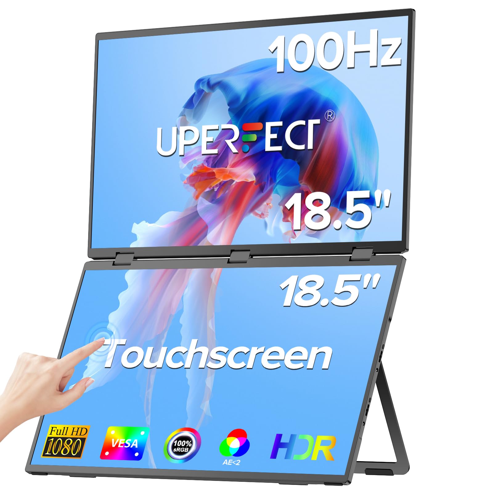 UPERFECT Delta 18,5" 100Hz Ekran Dotykowy Podwójny Przenośny Monitor, Przedłużacz Ekranu Laptopa, Potrójny Składany Monitor Kompatybilny z VESA, Komputerami, Telefonami i Konsolami do Gier