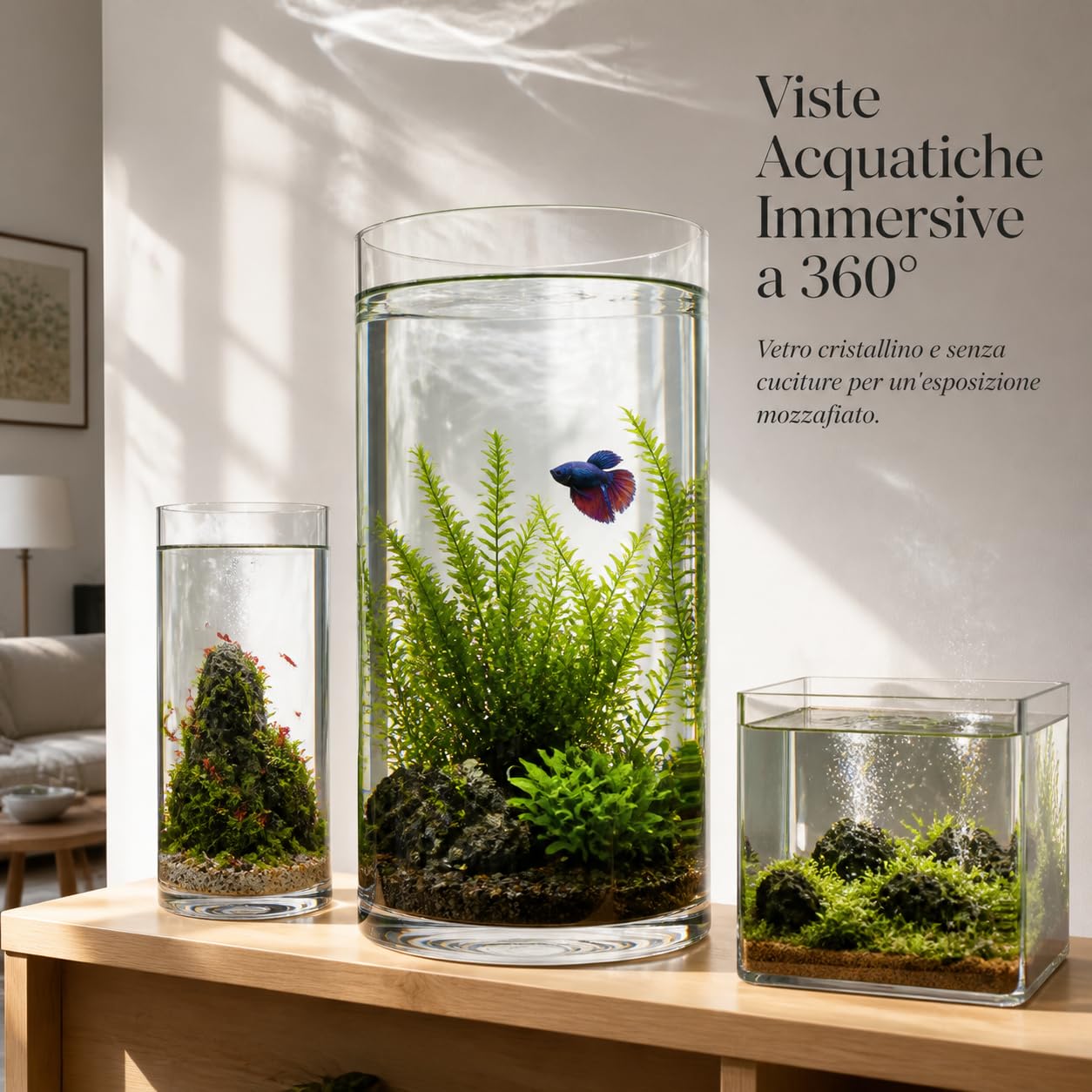 Acquario in Vetro Cilindrico Trasparente Spesso Resistente Ermetico Facile da Manutenere per Pesci E Piante in Soggiorno Ufficio Adatto per, Diametro 15 cm, Altezza 60 cm