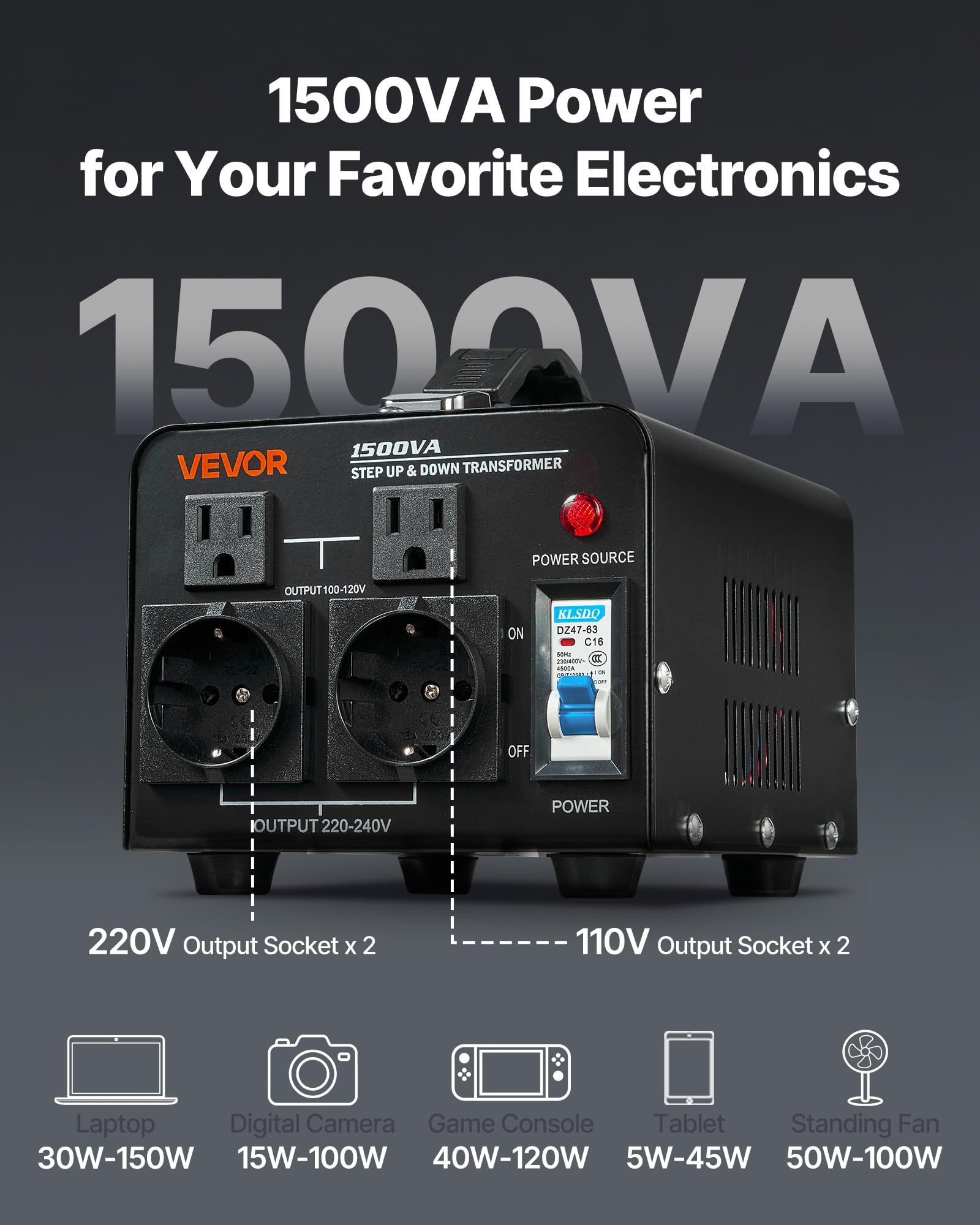 VEVOR Transformator napięcia podnośnika reduktora 220 V do 110 V i 110 V do 220 V, 1500 VA, z wtyczkami amerykańskimi i UE, kablem zasilającym, ochroną przełącznika 15 A