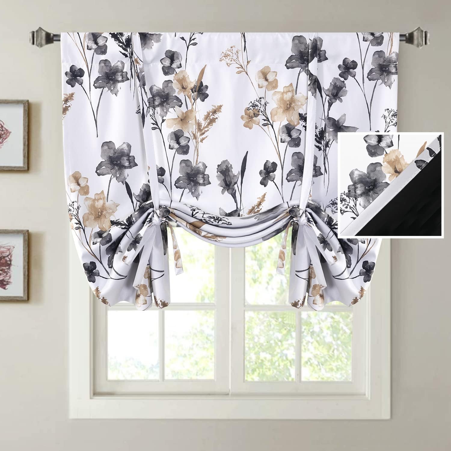 H.VERSAILTEX 100% Blackout Tie Up Curtains Cattleya Floral Printed Short Valances for Kitche Panel for Small Window with Black Liner- 42" Wide by 45" Long - Floral Pattern in Grey and Taupe