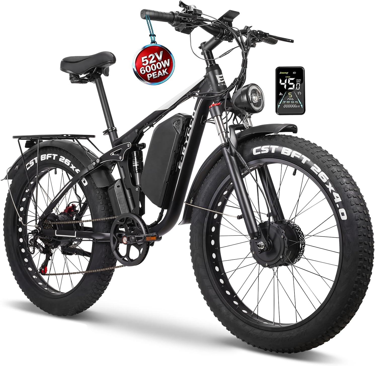 9000W Peak Electric Bike for Adults, 52V 32AH Dual Motor E-Bike, Up to 110Mile & 45-50MPH All-Terrain Fat Tires Full Suspension 24/26 Inch Electric Bicycles Hydraulic Disc Brake for Road UL2849 by SGS