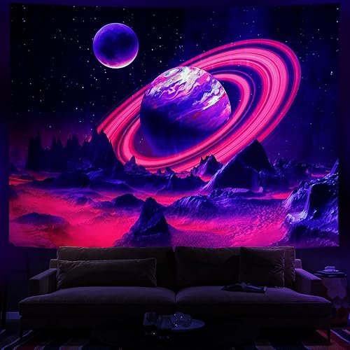 Leofanger Tapiz de planeta trippy con luz negra, tapiz de pared reactivo a los rayos UV, tapiz de pared con galaxia, cielo nocturno estrellado,