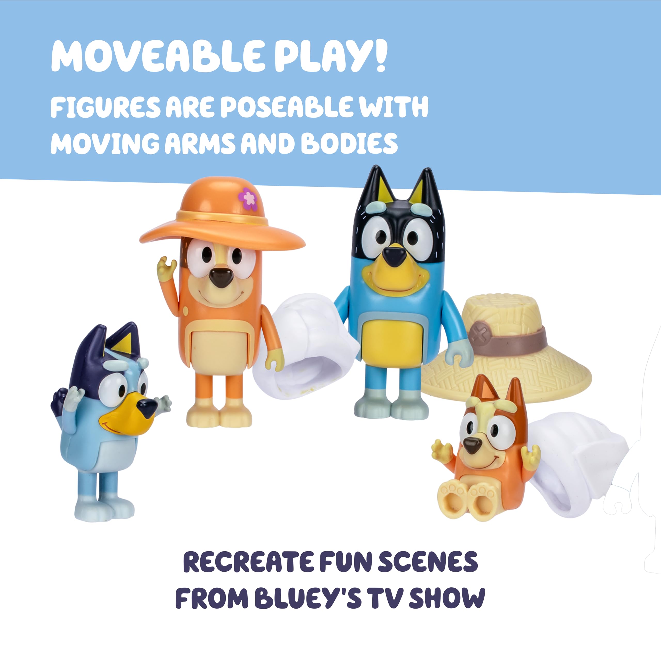 BlueY Zestaw 4 figurek na urlop z rodziną; ruchome figurki (6,3 cm), bingo, bandyta i chilli; z akcesoriami; odtwarzanie najlepszych momentów z serii animowanej