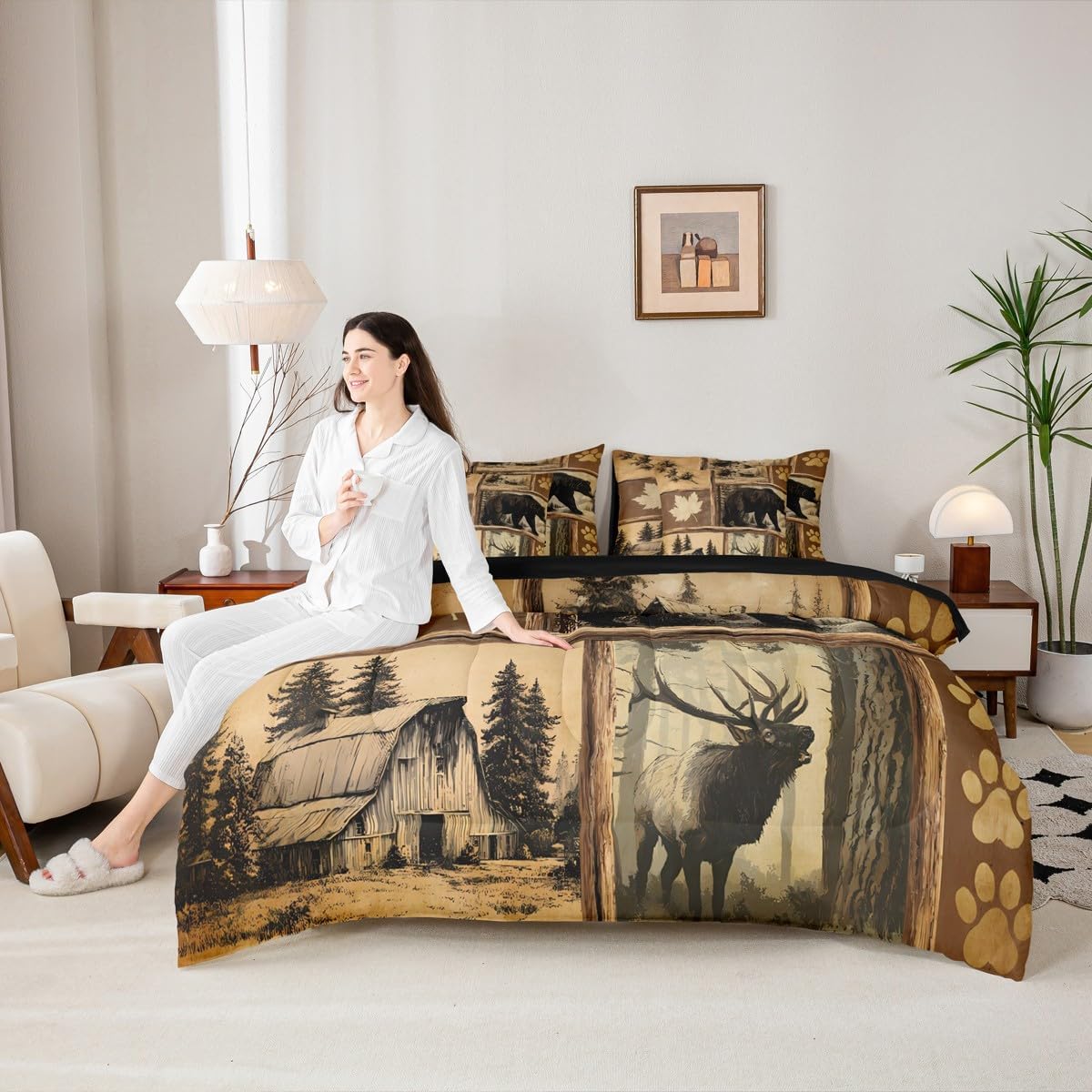 Erosebridal Rustic Farmhouse Queen Bedding Set 7 Piece Retro Western Cabin Lodge Bed in A Bag with Sheets Hunting Bear Deer Pattern Comforter Set for Kids Adults,Maple Leaves Woodland Check Bed Sets