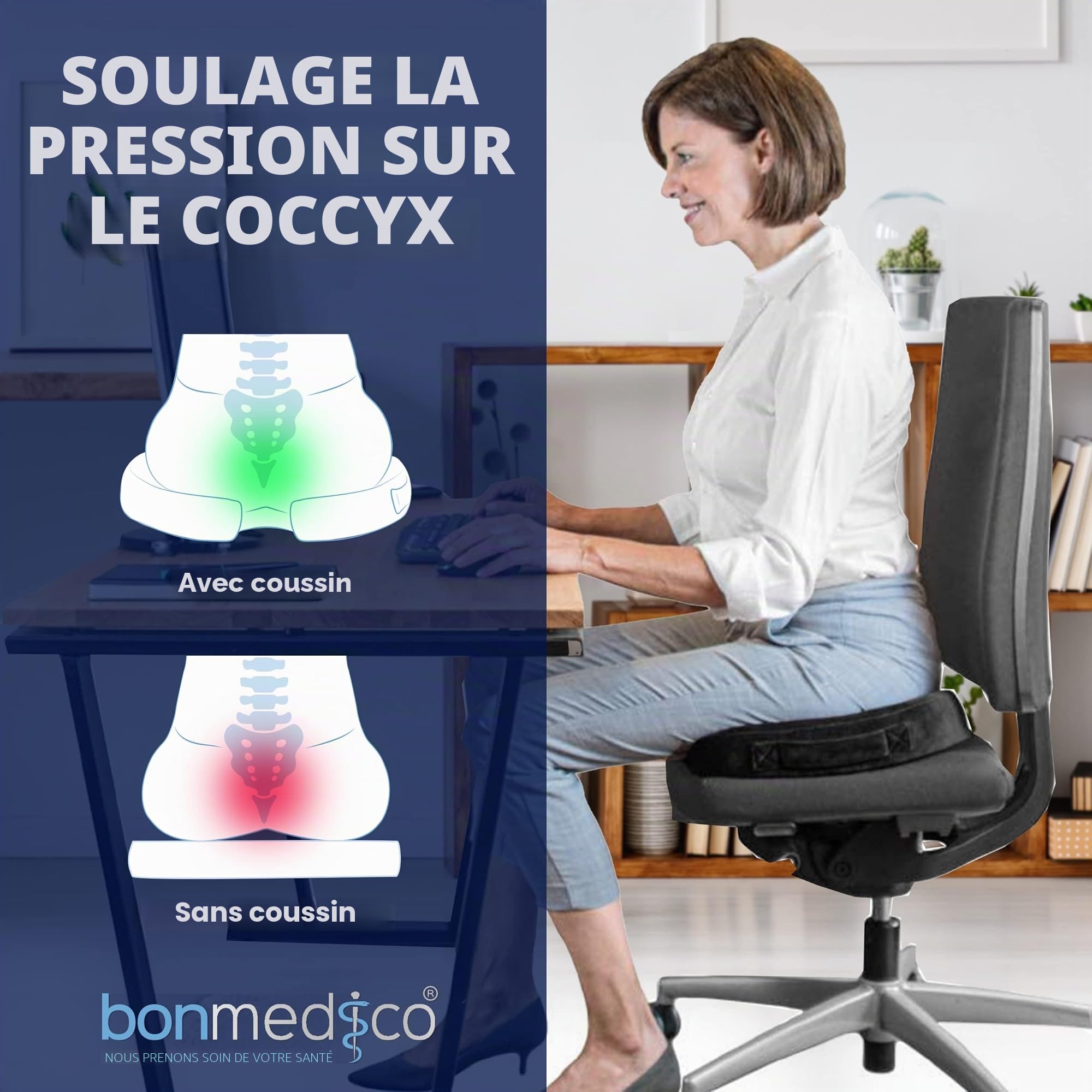 Coussin Ergonomique Assise et Coccyx en Mémoire de Forme - Coussin Orthopédique pour Chaise Bureau, Fauteuil et Voiture Conducteur - Soulage Sciatique et Lombaire - Coussin de Chaise – Noir, Standard