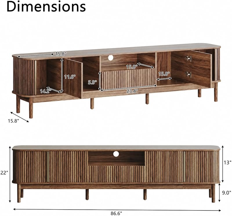 CHUWELL 86.6'' Fluted TV Stand for 75/80/85 Inch TVs, Walnut TV Console image 2