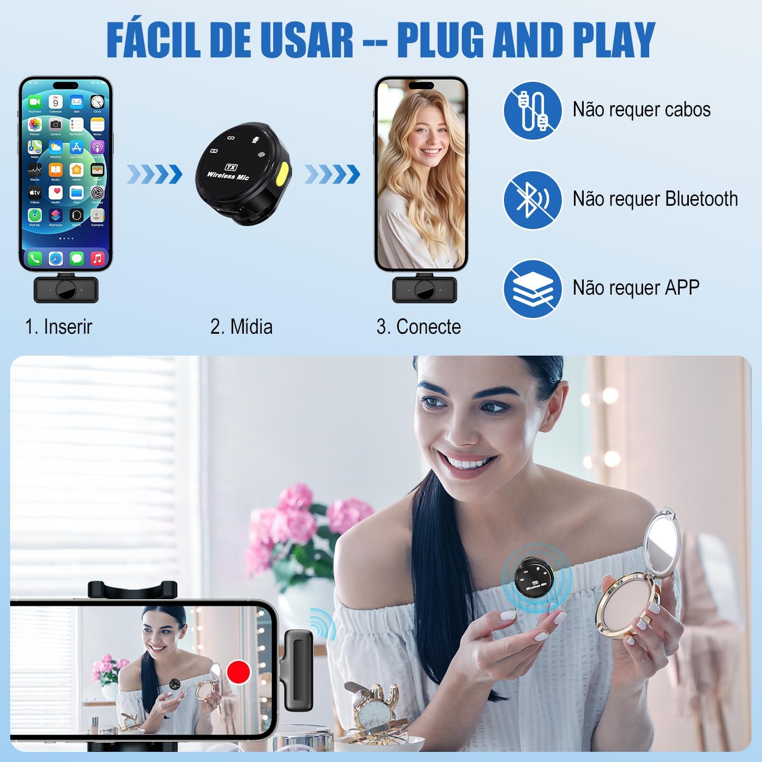microfone de lapela sem fio de nível profissional, Microfone sem fio lapela(2TX+3RX), Três níveis de redução de ruído, Amplamente compatível com dispositivos de interface Tipo C e Lightning
