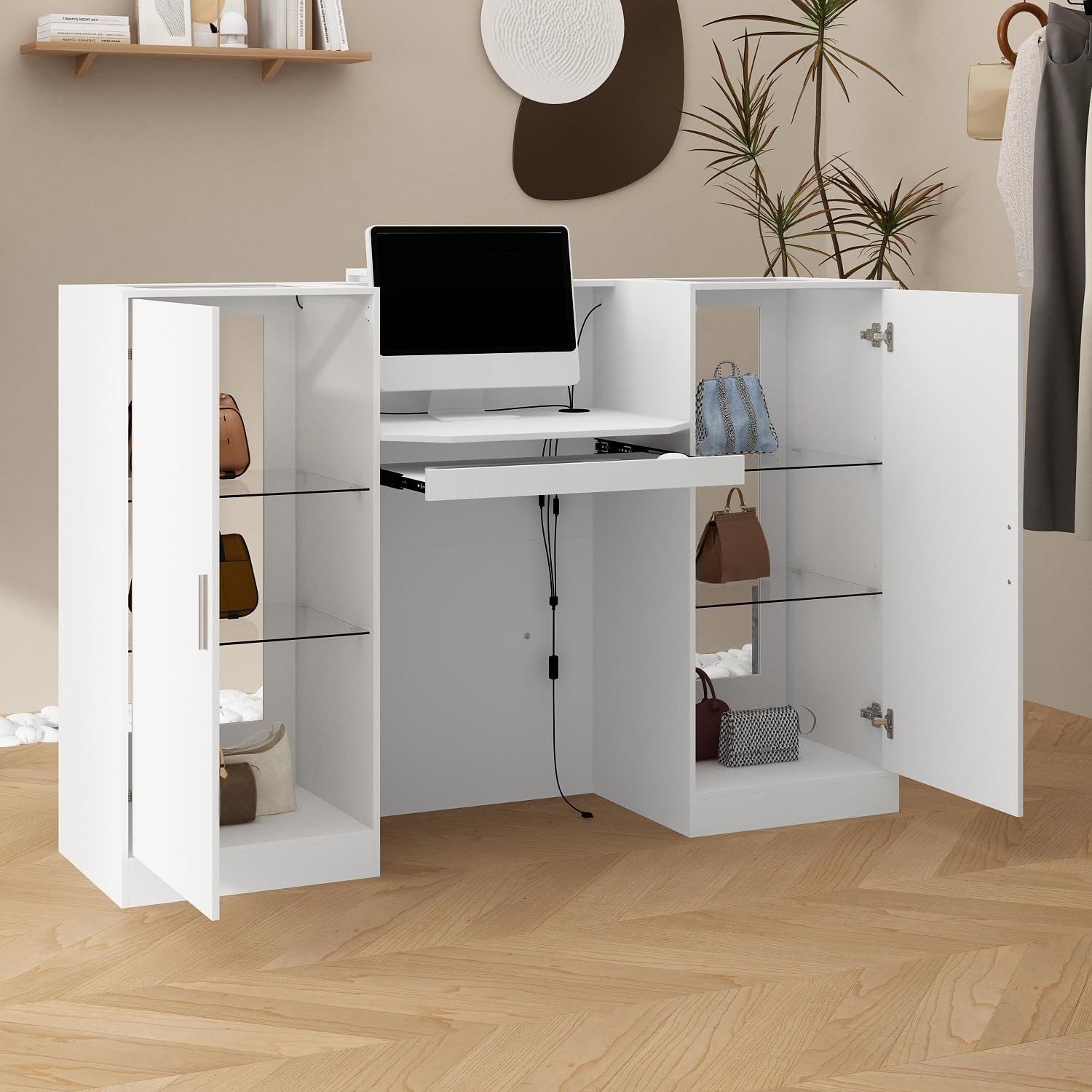 AIEGLE Modern Reception Desk, Front Desk Reception Counter, 59.1" W Check Out Counter with Storage, LED Lights, Cable Grommet & Adjustable Glass Display Shelf for Salon, Lobby, White