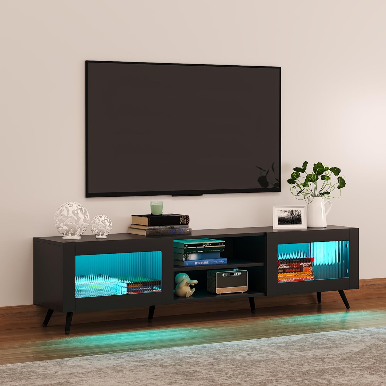 Black TV Stand for 32-70 Inch TVs, Entertainment Center with 2 Acrylic Doors Shelf, 58-Inch Long Media Console Table for Living Room, Bedroom