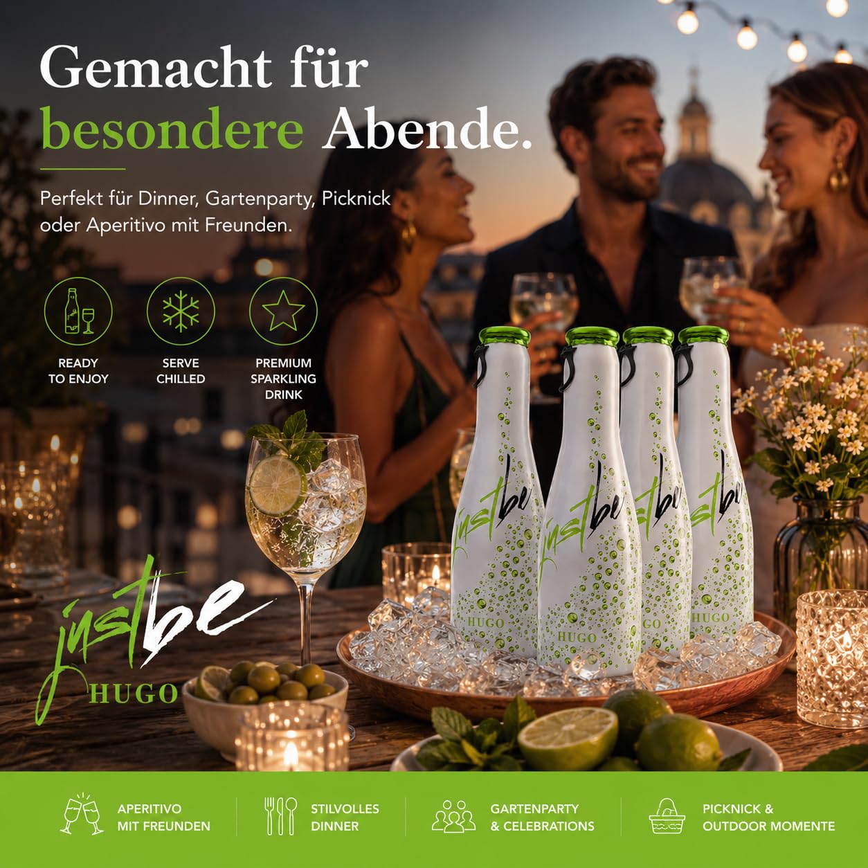 JustBe Hugo | Piccolo Wein-Cocktail I Holunderblüte + Minze Mix Aperitif (Hugo, 12 x 0,2l)
