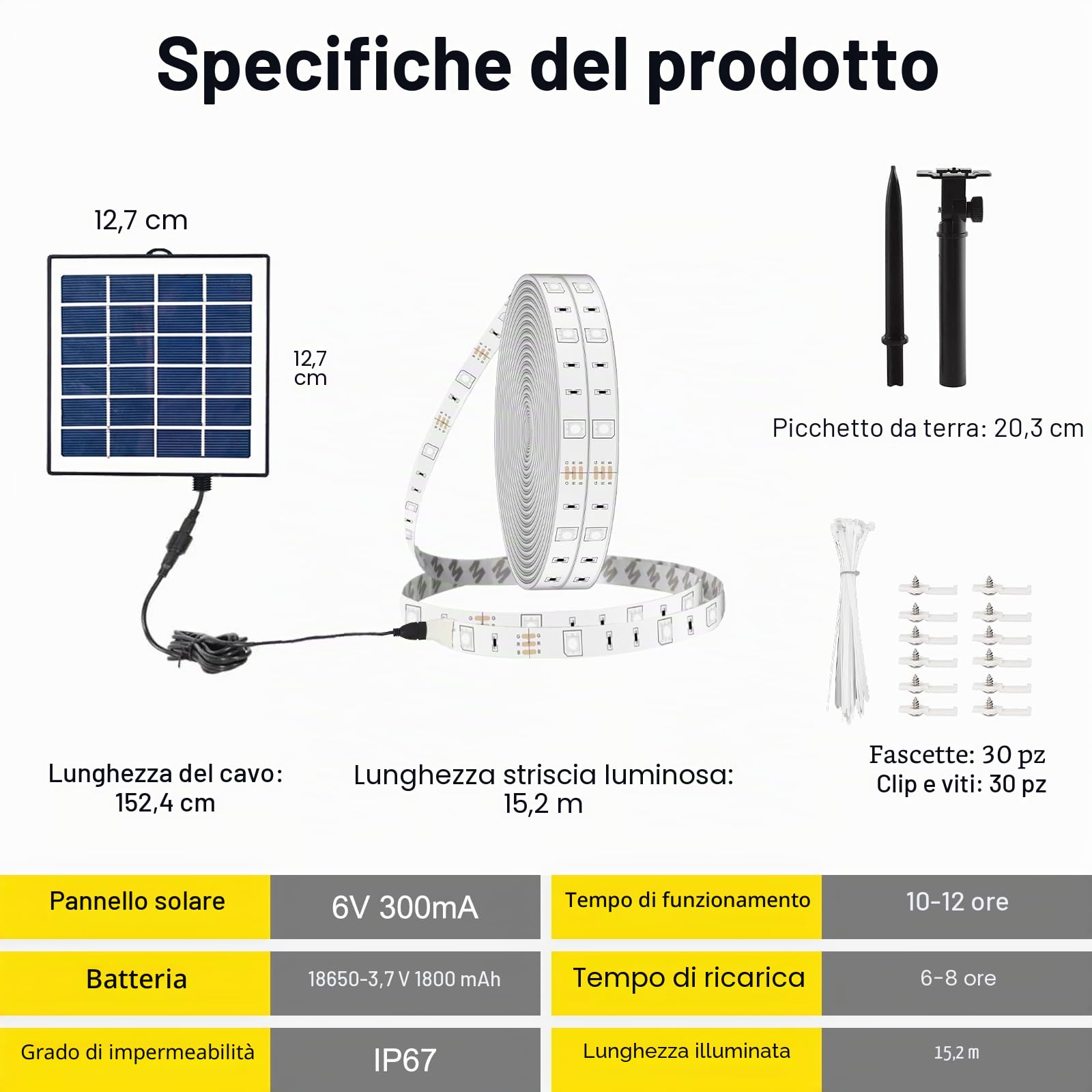 Striscia LED per esterni, impermeabile, 15 m RGBCW, striscia LED solare per esterni, autoadesiva, accensione/spegnimento automatico, 16 colori e 4 modalità, con telecomando