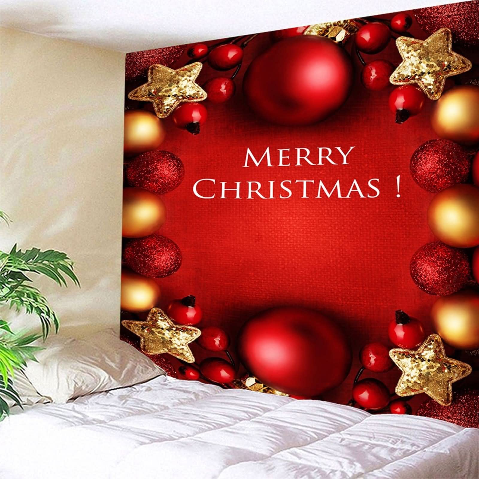Tapices Tematicos, Tapices de Pared Bolas y Estrellas Navideñas Merry Christmas Rojo Amarillo Poliéster 350X256cm