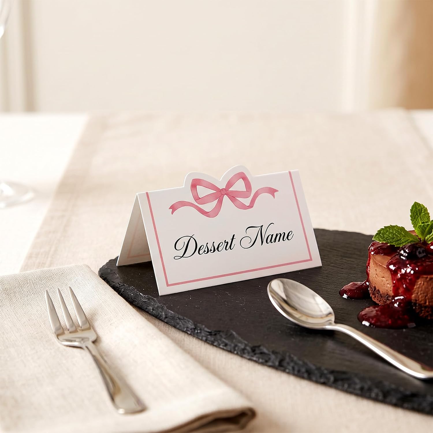 50PCS Pink Bow Place Cards, 3.5" X 3.9" Foldable Blank Name Cards Pink for Table Setting
