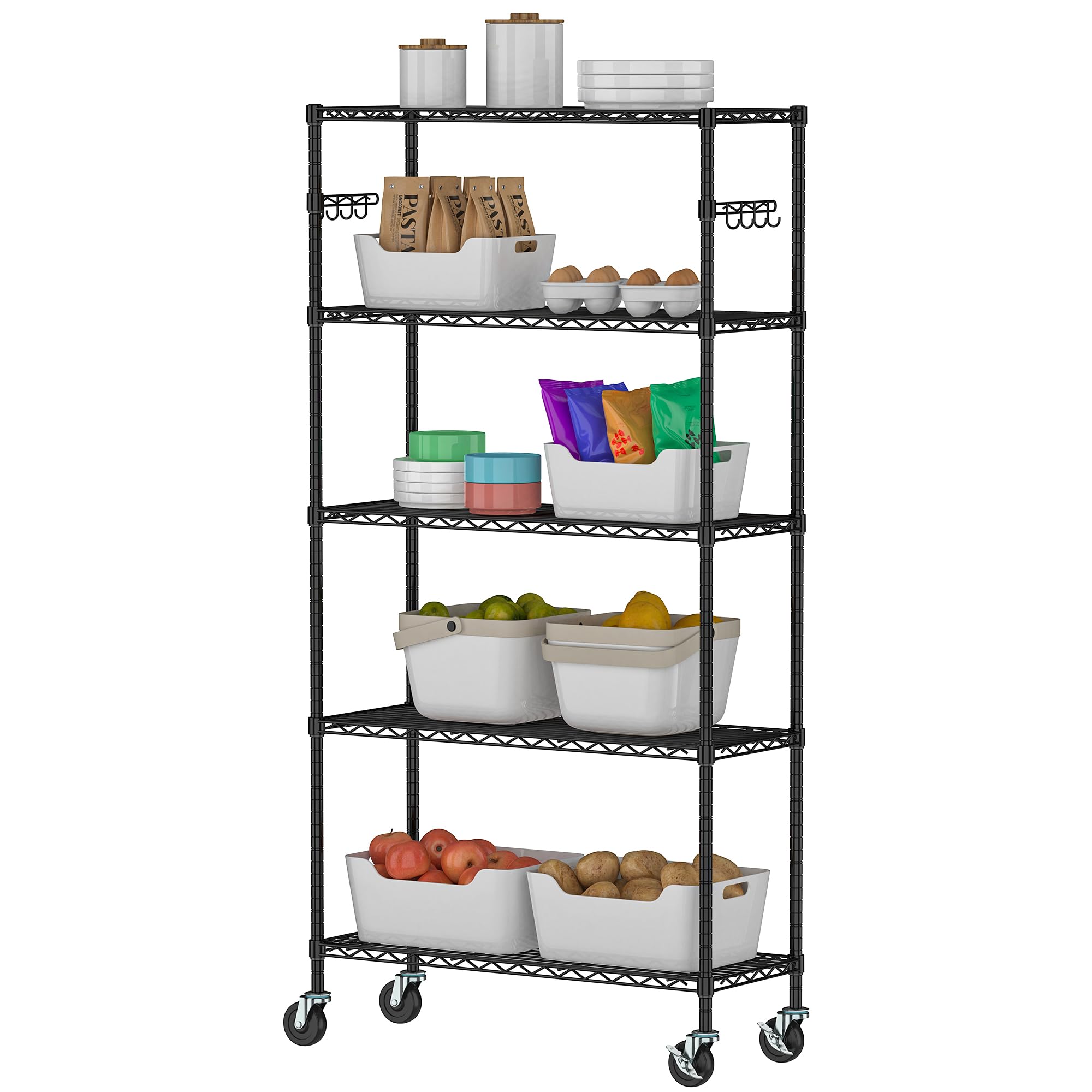 Ecoyomi 5 Tier Wire Shelving with Wheels, Metal Shelves for Storage Heavy Duty,Garage Shelving,Shelving Units and Storage,Metal Shelf for Restaurant Garage Pantry Kitchen Garage Rack(14D x 36W x 75H)
