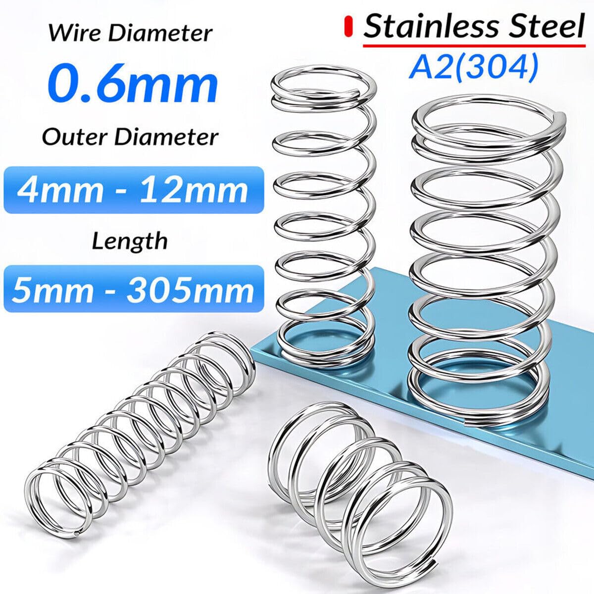 Wire Diameter 0.6mm OD 4mm-12mm Length 5mm-305mm Compression Spring Pressure Small Spring 304 Stainles Steel (5,0.6x8x70mm)